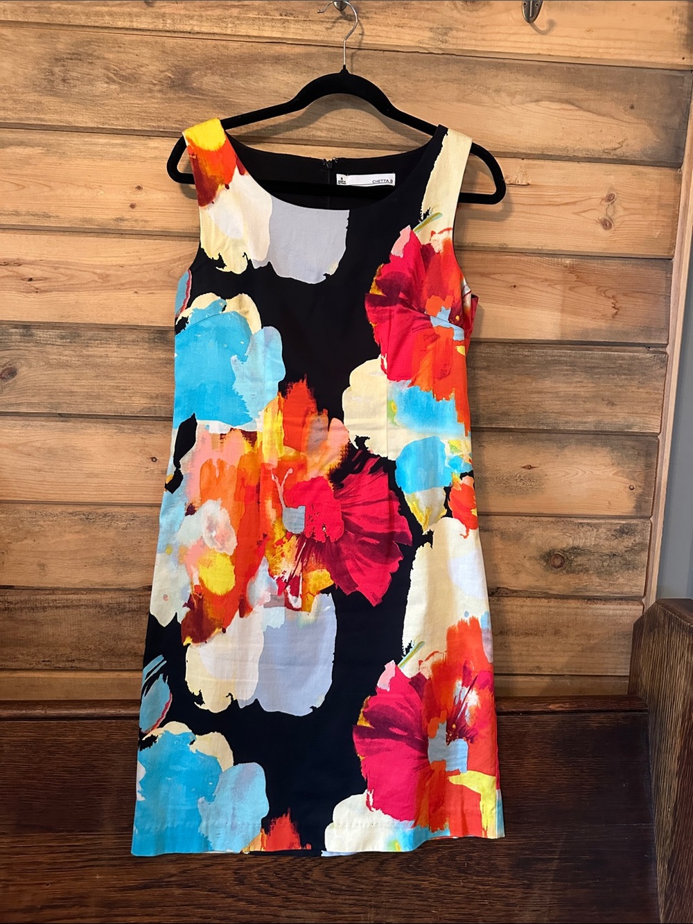 Chetta B Black Mini Dress with Vibrant Floral Print